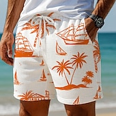billige 3d svetteshorts for menn-Herre Kokosnøttre Seilbåter Tropiske planter Vaffelshorts Svette shorts Casual shorts Medium Midje Hawaiisk Feriereise Jogging Trening Elastisk snøring i midjen Shorts med lommer Designer Klær