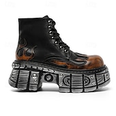 billige Sko for menn-herre gotiske flammende platåstøvler – steampunk ankelstøvletter med grov såle og snøring for punkrockfester og cosplay