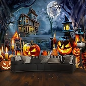 halpa halloween seinävaatteita-Halloween-kummitustalon seinävaate – Luuranko ja hohtava Jack-o&#039;-lantern-portaikkokohtaus pelottava yötaivas goottilainen tausta 2025 Halloween-olohuoneeseen makuuhuoneeseen juhlakoristeeksi