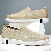 billiga Slip-ons och loafers till herrar-Beige stickade slip-on herrsneakers – andningsbara lätta vardagsskor för sommar, promenader och semester