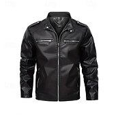 ieftine Geacă din piele artificială-Bărbați Δερμάτινα μπουφάν Geaca de motociclist Geaca de motociclete Vacanță Zilnic Rezistent la Vânt Cald Buzunar Toamnă Iarnă Simplu Modă Clasic Guler de stand Regulat Negru Jachete