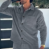preiswerte Freizeithemden für Herren-Herren Hemd Freizeithemd Arbeitshemd Cordhemd Knopfhemd Schwarz Armeegrün Dunkelgray Langarm Einfach Revers Urlaub Ferien Tasche Bekleidung Polyester Mode Lässig Bequem