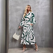 voordelige Kunst &amp; Design Jurk-Dames Maxi-jurk A lijn jurk Vakantie Feest Casual Feest Dagelijks Afspraakje Normale pasvorm Abstract Lijn Lange mouw Overhemdkraag Zwart-wit print Groene en witte print Zomer Lente Herfst