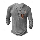 preiswerte Lässiges Henley-T-Shirt-Herren Henley Hemd T-Shirt Langarmshirt Langarm Henley Sommer Herbst Muster Hirsch Mode Designer Mode Jahrgang Urlaub Straße Ausgehen Dunkelgrau Schwarz Weiß Top T-Shirt für Herren