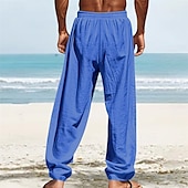 cheap Holiday-Men&#039;s Linen Pants Trousers Summer Pants Beach Pants Pocket Elastic Waist Drawstring Plain Comfort Breathable Vacation Daily Holiday Hawaiian Boho White Dark Red
