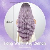 levne Párty paruky-Dlouhá ombré světle fialová vlnitá paruka s ofinou s tmavými odrosty, ombré šedá fialová paruka, přirozeně vypadající, tepelně odolná paruka ze syntetických vláken pro párty cosplay denní halloween