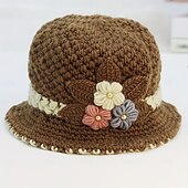 お買い得  帽子-ヴィンテージフラワークロシェバケットハット、厚手防寒ベイスンハット、暖かいフィッシャーマンキャップ、女性用、日常使い、秋 &amp; 冬
