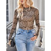 お買い得  フローラルTシャツ-女性用 ブラウス フラワー レオパード スタイリッシュ カジュアル 長袖 タートルネック レギュラートップス 日常 祝日 お出かけ プリント ブラック ピンク グリーン カーキ色 夏 春 秋
