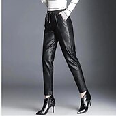 abordables pantalon cargo femme-Pantalon sarouel ample et épais doublé polaire pour femme, nouveau style automne et hiver, longueur cheville, en forme de radis, neuf quarts, en similicuir, pour vêtements d&#039;extérieur