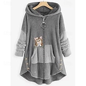 abordables Sudaderas forradas de forro polar-Mujer Chaqueta con capucha Mantiene abrigado Cómodo Retazos Cremallera Casual Gato Exterior Vacaciones Cremallera Largo Con Capucha Ajuste regular Manga Larga Ropa de calle Negro Rojo Verde Ejército