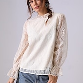 preiswerte Spitzenoberteile-Damen Spitzenbluse Einfarbig Elegant Bohemien Vintage Langarm Hoher Ausschnitt Normale Oberteile Party-Abendmode Ausgehen Strandbekleidung Bestickt Schwarz Weiß Aprikose Frühling, Herbst, Winter