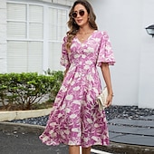 preiswerte Blumenkleider-Damen Midikleid A Linie Kleid Urlaub Boho Strand Trompetenärmel Party Ausgehen Strand Lässiger Schnitt Blumen Grafik Kurzarm V Ausschnitt Violett Sommer Frühling