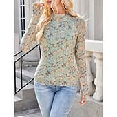 お買い得  フローラルTシャツ-女性用 ブラウス フラワー レオパード スタイリッシュ カジュアル 長袖 タートルネック レギュラートップス 日常 祝日 お出かけ プリント ブラック ピンク グリーン カーキ色 夏 春 秋