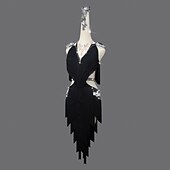 abordables Tenues de danse latine-Robe de danse latine à strass et pompons pour femmes, tenue de scène sans manches pour salsa et rumba