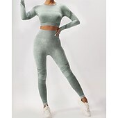 preiswerte Sets &amp; Einteiler-Damen 2 Stück Yoga-Trainingsanzug Lounge-Outfits  Herbst Einfarbig Kombination Armeegrün Schwarz Fitnesstraining Hohe Taille Elastisch Atmungsaktiv Langarm Sport Sportkleidung Schlank