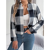 Χαμηλού Κόστους 3D Παλτά-Γυναικεία Casual Jacket Άνετο Αναπνέει Στάμπα Καθημερινό Καρό Διακοπές Δρόμος Καθημερινά Ρούχα Εξόδου Ανοικτό Μπροστά Κοντό Όρθιος Γιακάς Κανονικό Μακρυμάνικο Εξωτερικά ενδύματα