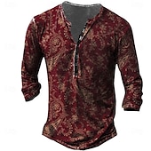 olcso Etnikai stílus-Férfi Virágos Póló Henley ing Grafikus pólók Hosszú ujj 3D nyomtatás Szüret Dizájn Alap Szabadtéri Napi Sport Tavaszi nyár Rubin Henley Henley póló