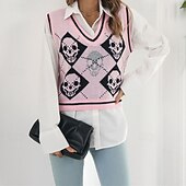 preiswerte Pulloverweste-Damen Pullunder Pullover Lässig Skelett Grobstrick V Ausschnitt Gestrickt Ärmellos Normale Oberteile Stricken Halloween Täglich Ferien Schwarz Rosa Herbst Winter