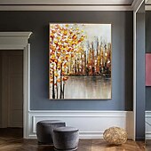 cheap Landscape Paintings-Handmade Urban Autumn Canals oil painting Hand-Painted Oil painting  Warm Citrus Foliage Structured Cityscape Serene Water Reflections Dark Gray Frame Cozy Interior Accents picture