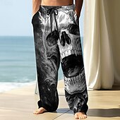 economico Pantaloni casual stampati da uomo-Per uomo Pantaloni Pantaloni Larghi Pantaloni casual Coulisse elastica in vita Pantaloni tipo lino con tasche Teschio Fiamma Lunghezza intera All&#039;aperto Ferie Gotico punk oscuro Nero / Rosso