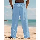 cheap Holiday-Men&#039;s Linen Pants Trousers Summer Pants Beach Pants Pocket Elastic Waist Drawstring Plain Comfort Breathable Vacation Daily Holiday Hawaiian Boho Dark Khaki Black