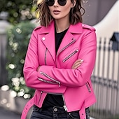 economico Giacche in finta pelle-Per donna Giacca in Ecopelle Confortevole Cerniera completa Moda Stile da Strada Semplice All&#039;aperto Casual Quotidiano Regolare Collo ripiegato Vestibilità regolare Manica Lunga Capispalla Argento