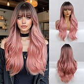 economico Parrucche da festa-Parrucca sintetica da donna, lunga, ondulata, nera, sfumata, rosa con frangia soffice, leggera, per feste in cosplay