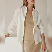 olcso Ingek-női 100% lenvászon ing elegáns vintage mindennapi hosszú ujjú inggallér normál felsők munkahelyi mindennapi ünnepi krémsárga törtfehér nyár tavasz ősz