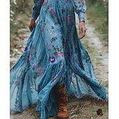 billige Boho-kjoler-Dame Lang kjole Maxikjole Floral kjole Boho-kjole Western kjole Elegant Mote Moderne utendørs Feriereise Daglig Normal Blomsternål i krystall Langermet V-hals Blå Sommer