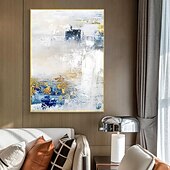 お買い得  油絵-キャンバスに金箔を施した手作りの大型抽象油絵。モダンな額縁なしの絵画。家の装飾に最適な壁アート画像。