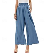 abordables jambe large et taille haute-Femmes Jambe large Slacks Streetwear Occasionnel Longueur complète Naturel Uni Avec Poches Taille Élastique Confortable Fête Week-end Rouille Vert printanier Noir Blanche Automne Coupe régulière