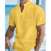 abordables Vacances-Homme Chemise Chemise en lin Chemise popover Chemise Décontractée Chemise en coton Uni Vacances Rue Blanche Jaune Rose dragée Abricot Manche Courte Band Collar Été Vêtement Tenue Avec Poches