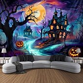 cheap Halloween Wall Tapestries-Halloween Blacklight Tapestry Haunted House UV Reactive Glow in the Dark Forest Trippy Mountain Misty Graveyard Ghost Hanging Tapestry Wall Art Mural for Living Room Bedroom