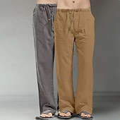 baratos Clássico-Homens Calças de linho Calças Calça verão Calças largas Calças de praia Bolsos Com Cordão Perna reta Tecido Conforto Respirável Comprimento total Diário Streetwear Moda Casual / esportivo Preto