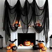 economico Halloween-Tenda in garza nera spettrale da 1 pezzo per Halloween, perfetta per decorazioni di case infestate, discoteche e stanze di fuga, tessuto in poliestere, decorazioni di Halloween, contenitore