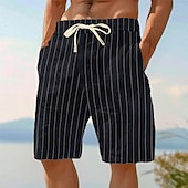 economico Vacanza-Per uomo Shorts Shorts di Lino Pantaloncini Estivi Shorts da Spiaggia Elastico in vita Coulisse A righe Comodità Traspirante Lunghezza al ginocchio All&#039;aperto Casuale Quotidiano Vacanza Moda Nero