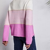 billige Grafiske mønstre og detaljer-Dame Genser Fritid Fargeblokk Tykk Crew-hals Strikket Langermet Vanlige topper Strikke Daglig Ferie Ut på byen Rosa Blå Høst Vinter