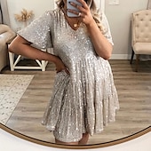 economico Abiti con paillettes-Per donna Mini Abito Abito con Paillettes Abito da Cocktail Moda Moderno Festa serale Cocktail party Vestibilità regolare Semplice Manica Corta Girocollo Argento Grigio nero Nero Bianco Estate