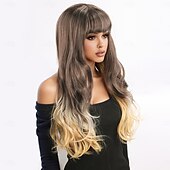 economico Parrucche da festa-parrucca lunga castana e bionda per donna – frangia piena, ricci grandi e ondulati, parrucca sintetica alla moda, perfetta per look alla moda e stile quotidiano