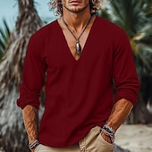 preiswerte Urlaub-Herren Leinenhemd Popover-Hemd Sommerhemd Strandbekleidung Vintage-Shirt Ethno-Hemd Einfach Urlaub Lässig Schwarz Weiß Wein Blau Langarm V Ausschnitt Sommer Frühling Bekleidung