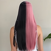 economico Parrucche da festa-parrucca lunga e liscia rosa e nera per donna – cuffia per testa intera, parrucca da modella realistica, perfetta per cosplay di Halloween, moda e uso quotidiano
