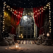 abordables halloween tentures murales-Tapisserie murale Halloween gothique avec vue de fenêtre – Scène de scène avec rideau rouge et nuit spooky éclairée par la lune toile de fond d&#039;horreur pour le salon la chambre la décoration de