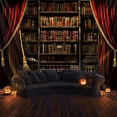 abordables halloween tentures murales-Tapisserie murale Halloween gothique avec vue de fenêtre – Scène de scène avec rideau rouge et nuit spooky éclairée par la lune toile de fond d&#039;horreur pour le salon la chambre la décoration de