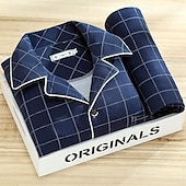 baratos Pijamas-Homens Roupa de Dormir Conjunto de Pijama Top e calça de pijama 1conjunto Xadrez Moda à moda Clássico Casa Diário De Cama Poliéster Conforto Macio Respirável Lapela Manga Longa Camisa Social Calça