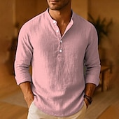 preiswerte Baumwoll-Leinenhemd-Herren Hemd Leinenhemd Popover-Hemd Freizeithemd Baumwollhemd Einfach Urlaub Hawaiianisch Schwarz Weiß Rosa Khaki Langarm Stehkragen Frühling Herbst Bekleidung