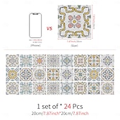 baratos Adesivos de Parede-Adesivos de azulejo estilo marroquino 24 peças, decalques de parede de PVC com película de cristal espessada, à prova d&#039;água &amp;Decoração de parede de azulejo retrô removível e à prova de óleo para