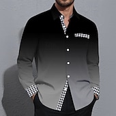 billiga Geometriska mönster-Herr Geometrisk Rutnät / Pläd Gradientfärg Skjorta Knapp upp skjorta Långärmad Mode Casual Semester Dagligen Streetwear Vår Höst Nedvikt 3D-utskrift krage skjortor Främre en ficka Svart