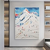 abordables Peintures paysages-Peinture à l&#039;huile texturée 3D faite à la main représentant un ski de montagne avec cadre de galerie - coups de pinceau impasto audacieux dans des teintes hivernales vibrantes skieurs dynamiques sur