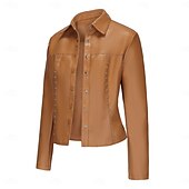 cheap Faux Leather Jackets-Women&#039;s Faux Leather Jacket Comfortable Buttons Fashion Street Style Plain Outdoor Casual Daily Regular Turndown Regular Fit Long Sleeve Outerwear Black Red Camel Spring Fall
