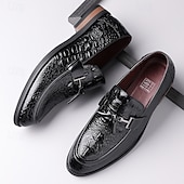 halpa Miesten loaferit ja nauhattomat kengät-Miesten ruskeat krokotiilikuvioiset keinonahkaiset tupsukoristeiset loaferit – kiiltävät slip-on-pukukengät varttuneemmille herrasmiehille, liikelounaille ja virallisiin tilaisuuksiin
